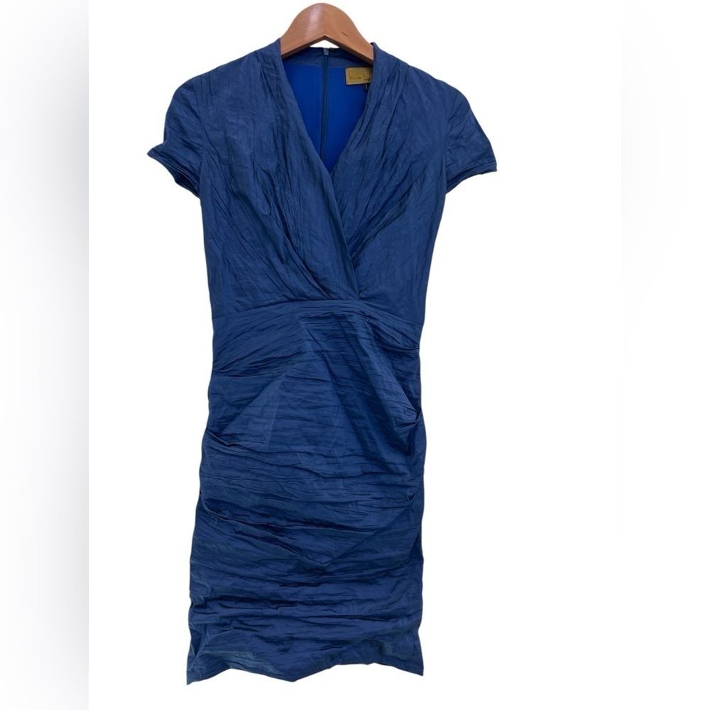 Nicole Miller Ruched Crinkled Metallic Blue Dress Wedding Formal